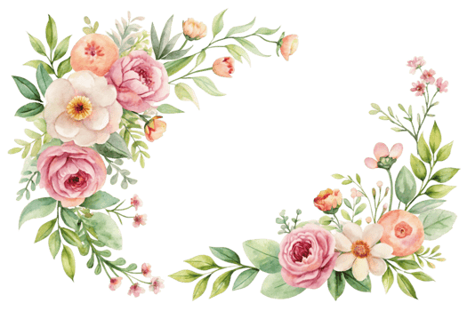 A floral wreath with pink flowers and green leaves png