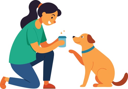 Happy Girl Training Her Friendly Dog to Perform a Trick With Treats in a Bright Outdoor Setting During Daytime vector