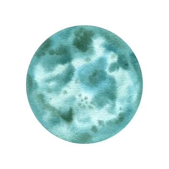 Magical Aqua full Moon watercolor illustration clip art. Serene abstract night planet with craters. Mystical atmosphere with aqua tones moon. Astronomy element for fantasy design project. vector