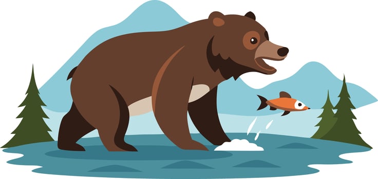 Brown Bear Catching Fish in a Mountainous Landscape vector