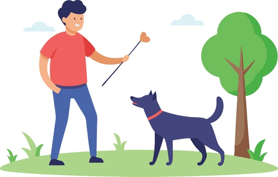 Cheerful Young Man Playing With His Loyal Dog in a Green Park on a Sunny Day vector
