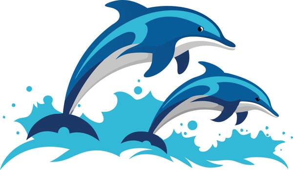 Two Playful Dolphins Jumping Above Vibrant Ocean Waves vector