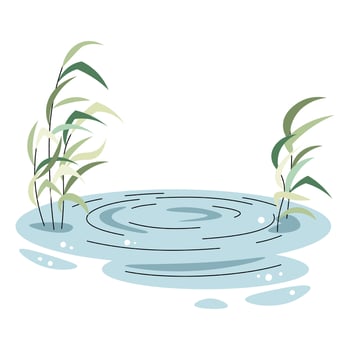 Reeds and pond on white background. Landscape of water body with vegetation in flat cartoon style. Children's clipart for design of clothes, wallpapers, greeting cards etc vector