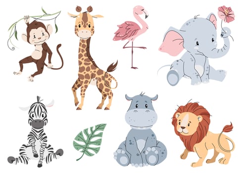 Set of African animals and plants on white background. Illustration of monkey, palm tree and banana in flat cartoon style. Jungle collection. clipart for clothes, fabric, greeting card, sticker vector