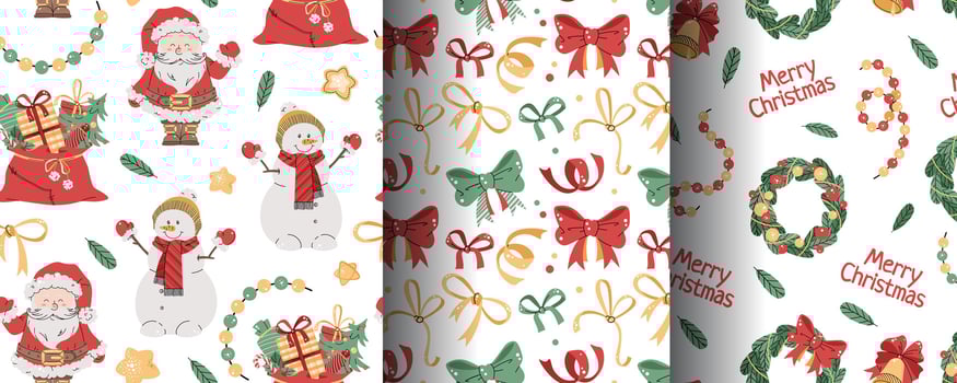 Collection of Seamless Christmas patterns with cute Santa, snowman and gifts in flat style. Holiday background with Christmas elements. Cartoon texture for fabric, wallpaper, wrapping paper vector