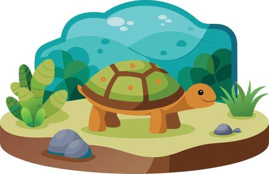 Colorful Illustration of a Happy Turtle Exploring a Lush Green Habitat Surrounded by Plants and Rocks vector
