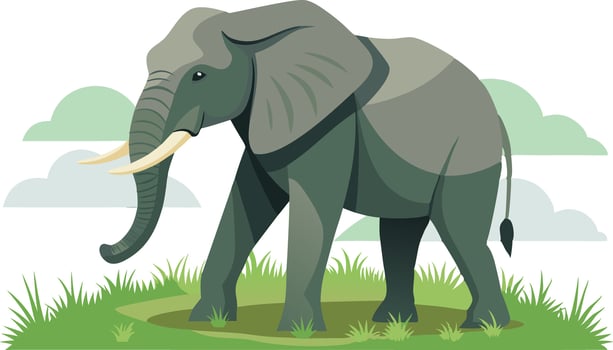 Elegant Illustration of an Elephant Amidst Lush Green Grass and Clouds in a Calm Natural Setting vector