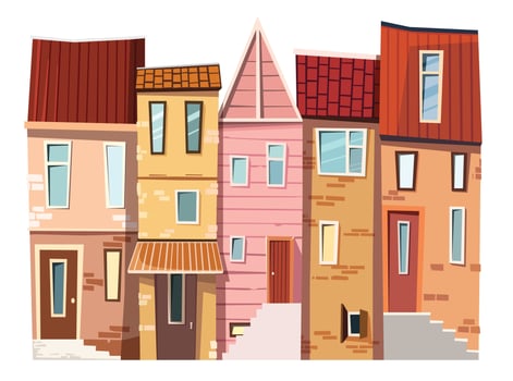 Old town street view facade illustration. Cute cozy colorful tiny houses with tiled roof and tall windows vector