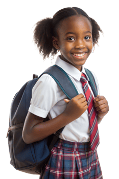 Smiling schoolgirl in uniforms with backpacks on transparent background png