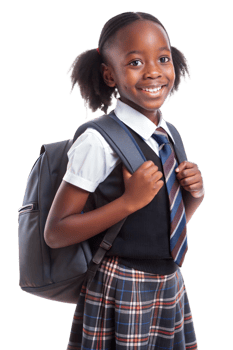 Smiling schoolgirl in uniforms with backpacks on transparent background png