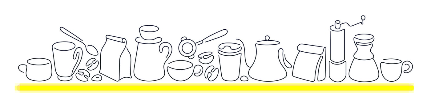 Coffee cup, kettle and aroma bean. Abstract border vector