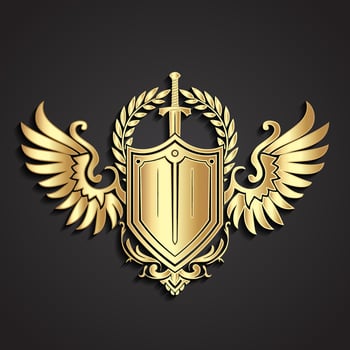 3d heraldry logo winged shield with sword and laurel wreath, gold ornamental sign vector