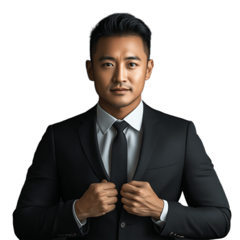 Young Asian businessman in a suit confidently adjusting his jacket, representing leadership and ambition png