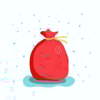 Santa's red sack, gifts. Signed postcard, Winter, illustration, snow. New Year, Christmas, snowflakes. Isolated background. Boxing day. vector