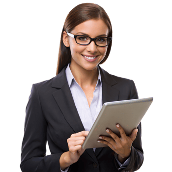 Businesswoman with tablet in suit, isolated transparent png