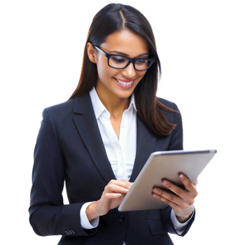 Professional woman in suit using tablet at work, isolated transparent png
