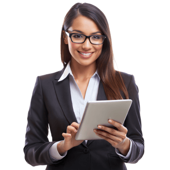 Professional woman using tablet in modern office, isolated transparent png