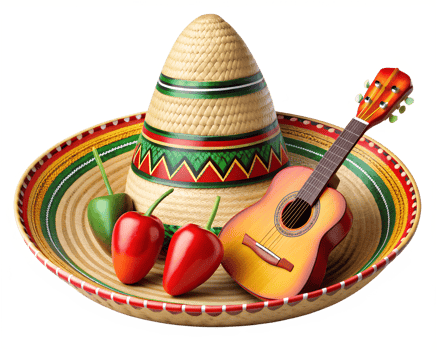 Colorful sombrero and guitar with fresh peppers, isolated transparent png