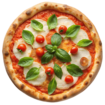 Fresh margherita pizza with basil, isolated transparent png