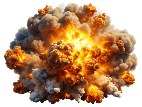 Dramatic explosion with fire and smoke, isolated transparent png