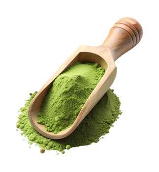 Matcha powder with scoop on white, isolated transparent png