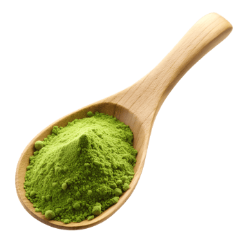 Green powder on a wooden spoon, isolated transparent png