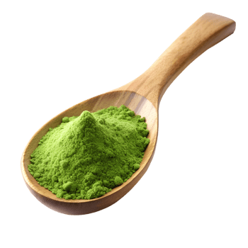 Green powder in wooden spoon on a white background, isolated transparent png