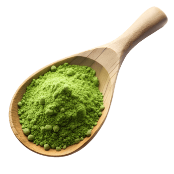 Green powder on a spoon, white backdrop, isolated transparent png