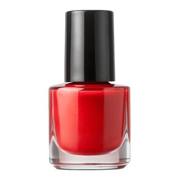 Bright red nail polish in a clear glass bottle, isolated transparent png
