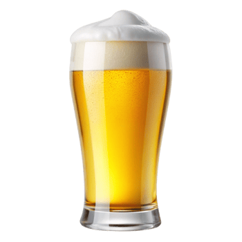 Golden beer served in a glass with frothy head, isolated transparent png