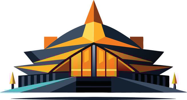 Colorful illustration of a modern architectural building with sharp angles and a vibrant orange roof set vector