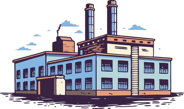 illustration of a factory with smokestacks and a clear sky during the day, depicting industrial activity and architecture vector