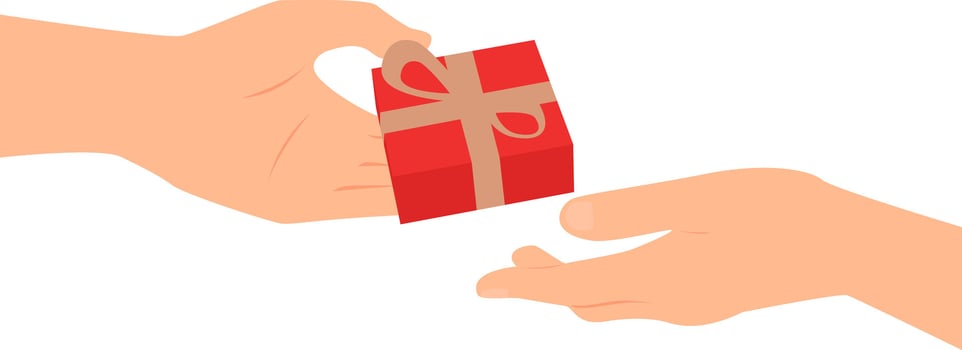 Hand giving present box to another hand. vector