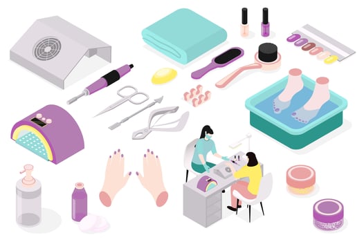 Manicure salon 3d isometric mega set in isometry graphic design. Collection elements of lamp, scissors, brush, towel, nail polish, color samples, hands, manicurist, other tools. illustration. vector