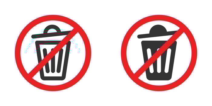 Illustration of no trash icons with a red circle and slash in black and white. vector