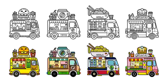 Food trucks illustration with various cuisines in cute doodle style, fast food, coffee, noodles and breakfast, kawaii outlines. vector