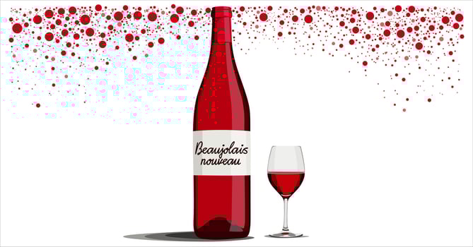 Beaujolais nouveau. Bottle of young red wine and wineglass on decorative background with red dots. isolated illustration vector