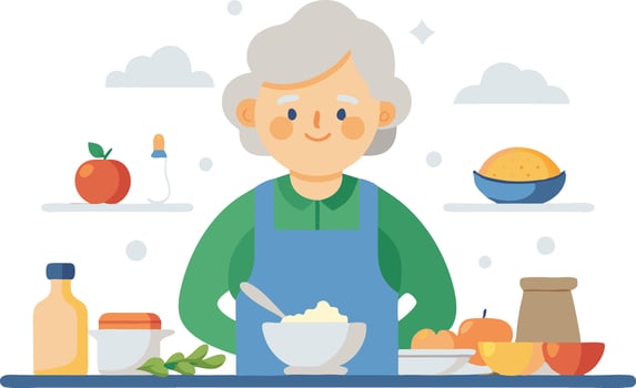 Elderly woman preparing food in a kitchen filled with fresh ingredients and cooking tools vector
