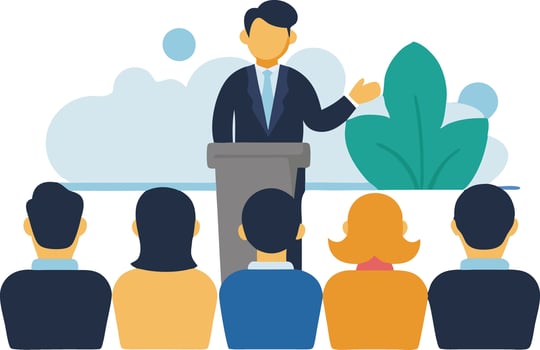A speaker presents at a podium while an engaged audience listens attentively vector