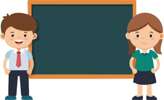 illustration of two cheerful children standing in front of a chalkboard vector