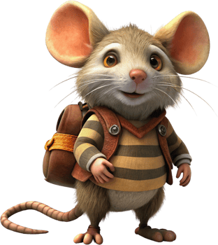 A friendly mouse with oversized ears and a striped tail, wearing a tiny backpack png