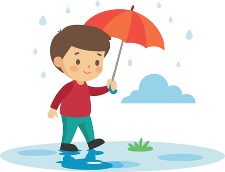A young boy holding a red umbrella walks through puddles on a rainy day in a playful outdoor setting vector