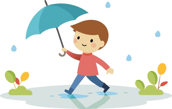 A young child happily walking with an umbrella in a puddle during a rainy day vector