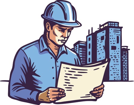 Construction worker examining blueprints with buildings in the background vector