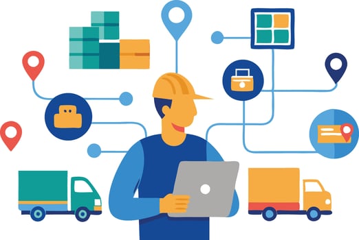 illustration of a logistics worker managing shipments and deliveries with a laptop vector