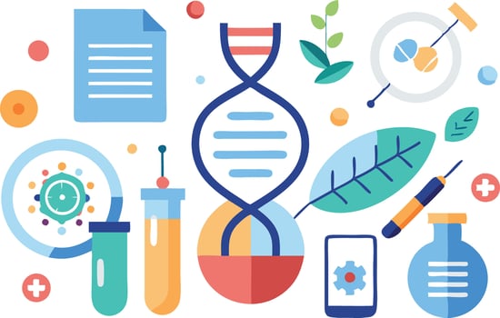 illustration of laboratory elements including DNA strands, test tubes, and scientific papers for research and education vector