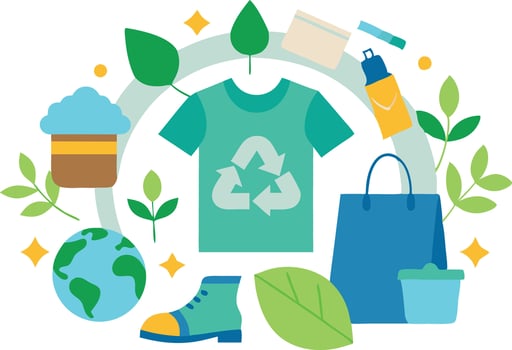 illustration depicting eco-friendly items including a recyclable t-shirt, plants, a globe, and reusable bags in a sustainable environment vector
