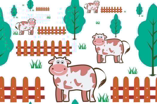 Seamless pattern funny cow,tree,wood,rumput on white background.set clip.eps vector