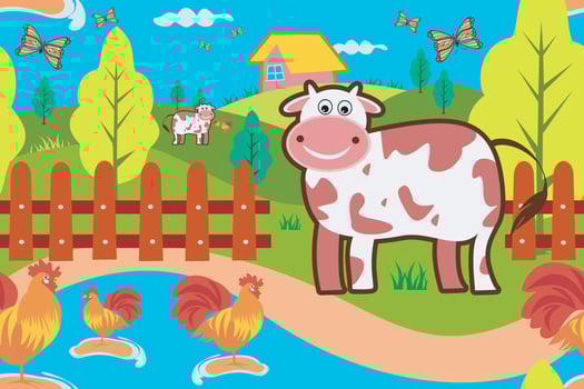 Seamless pattern of cute cows, trees, fences, grass, chickens, butterflies with mountain backgrounds for the design of children's rugs or background. EPS 10 vector