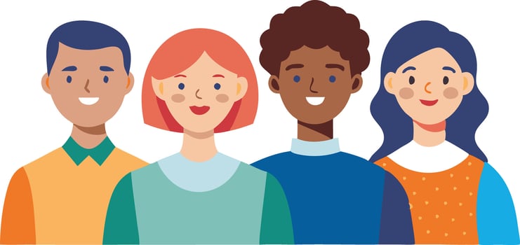 Group of four diverse individuals smiling together, showcasing friendship vector